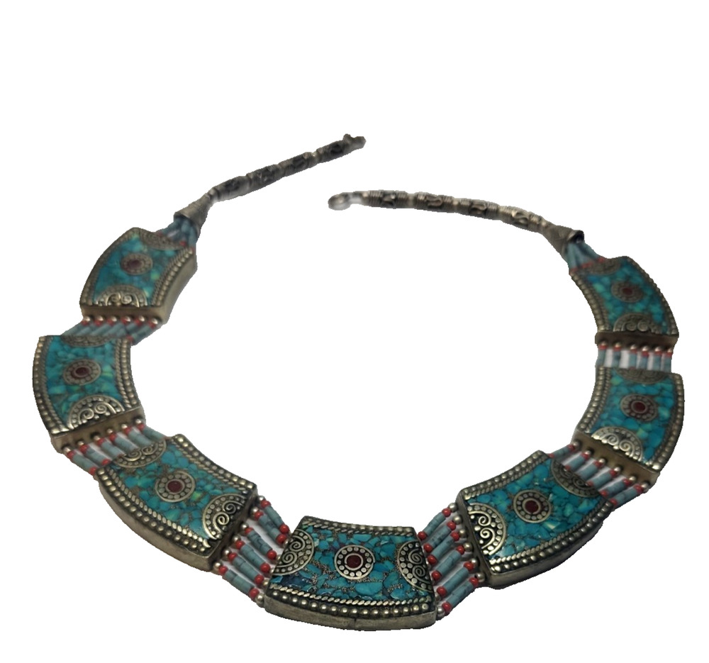 VTG 18" Tibetan Himalayan Turquoise & Coral Silver Plated Choker Necklace Boho
